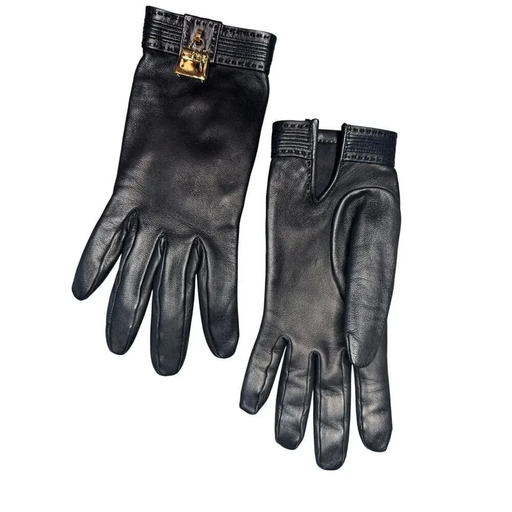 Hermes Kelly Constance Gold Amulette Black Lambskin Leather Gloves Size XS 6.5